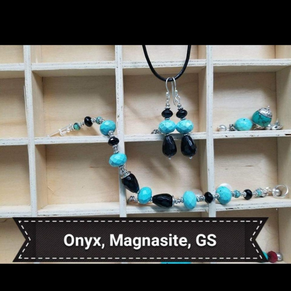 Black onyx faceted stones with magnesite turquoise